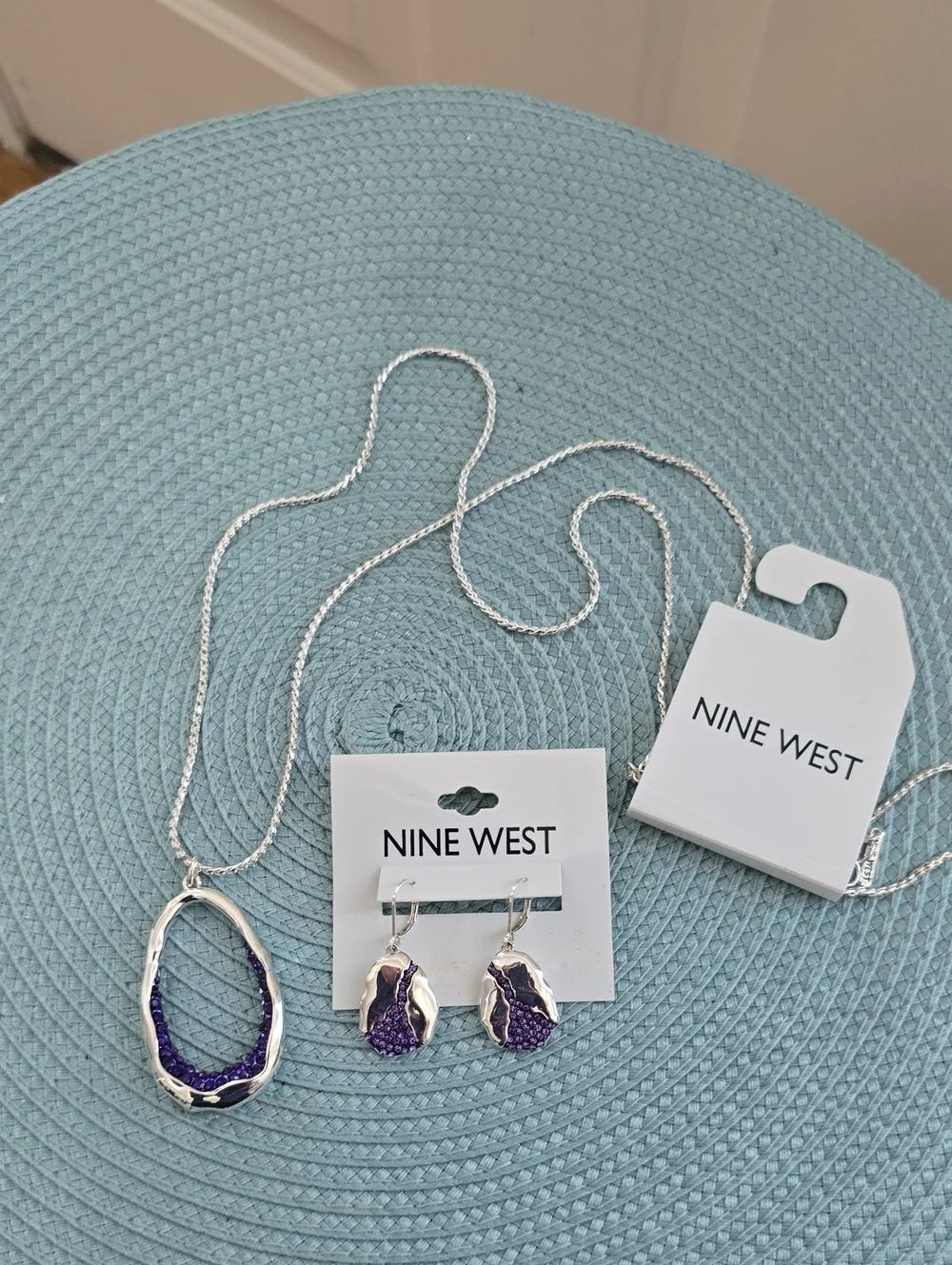 Nine West Brand Women's Silver Tone Necklace and Earring Set with Purple Accents